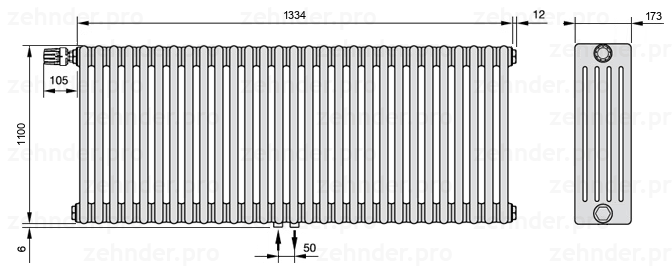 Схема (чертеж) Радиатор Zehnder Charleston 5110/29 №V007 Белый глянцевый RAL 9016